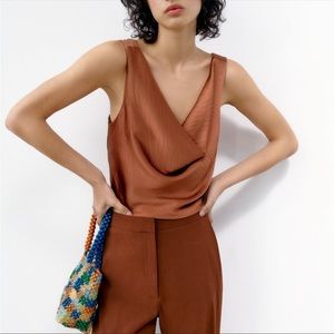 Zara Satin Crop Top - Brown - Cowl Neck